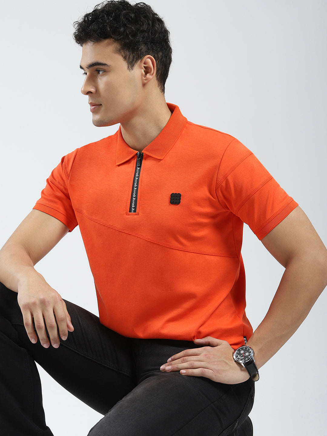 Rock.it Men Orange Solid Collar Half Sleeve T-Shirt