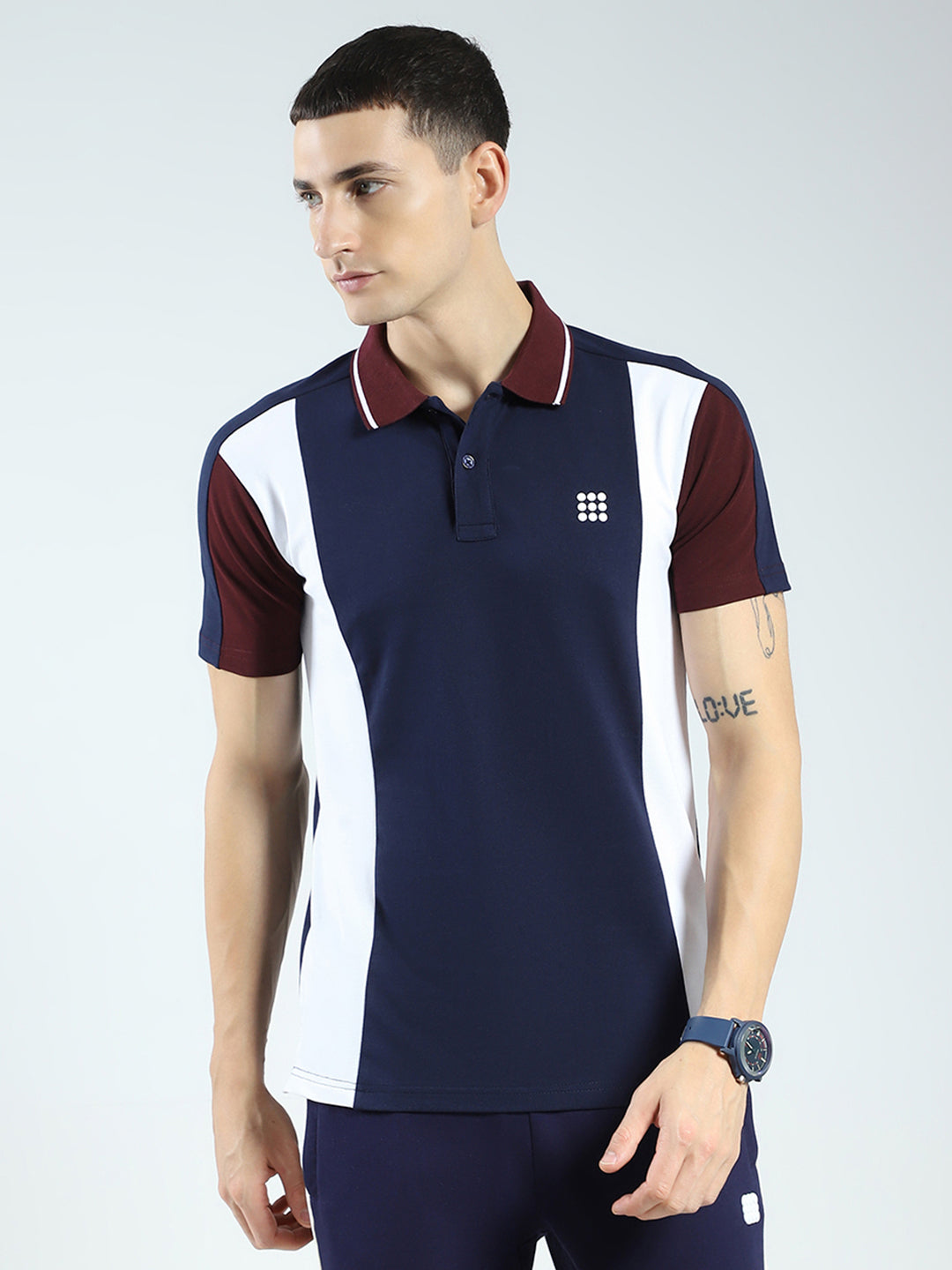 Rock.it Men Navy Blue Stripe Collar Half Sleeve T-Shirt