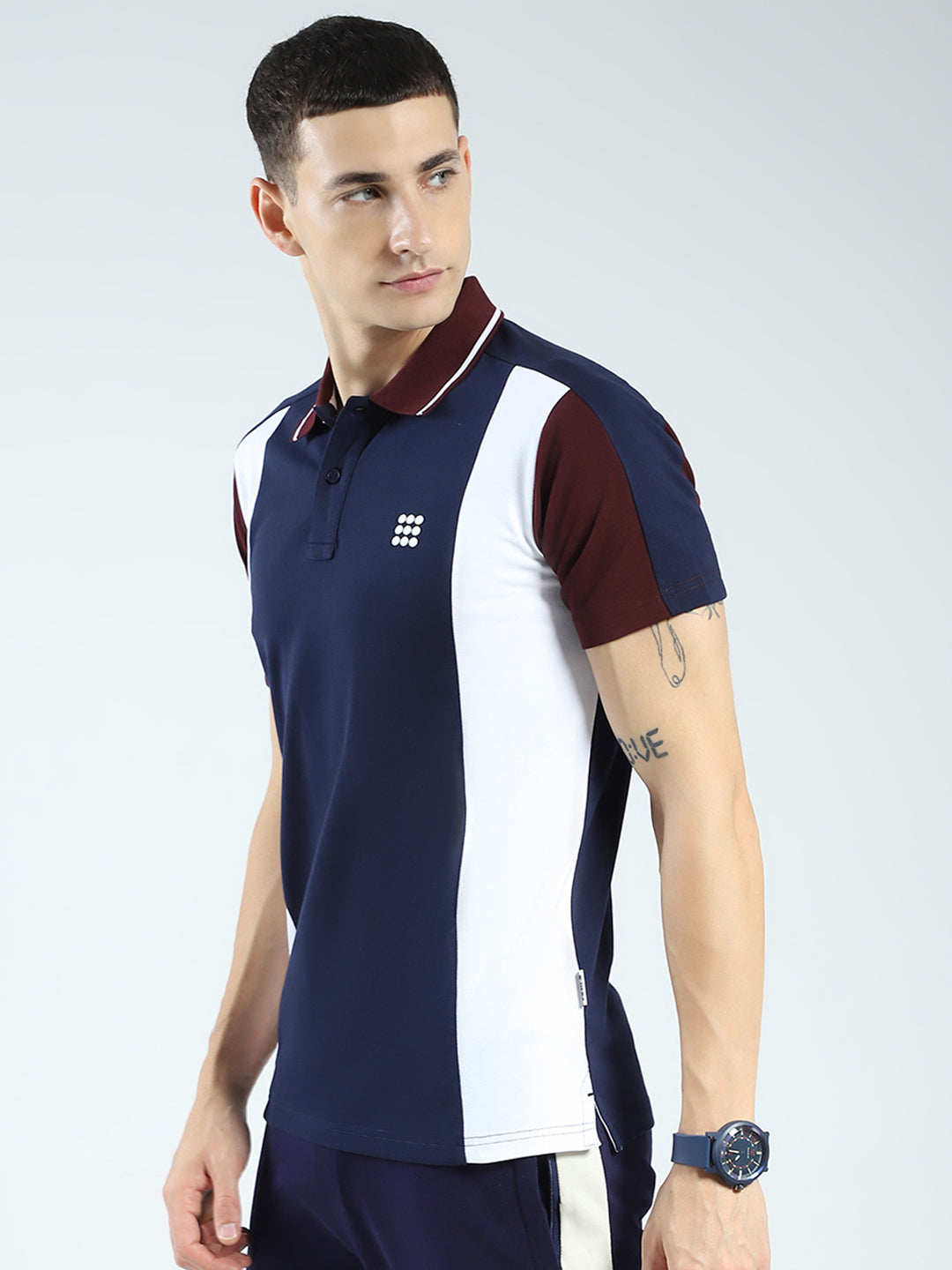 Rock.it Men Navy Blue Stripe Collar Half Sleeve T-Shirt