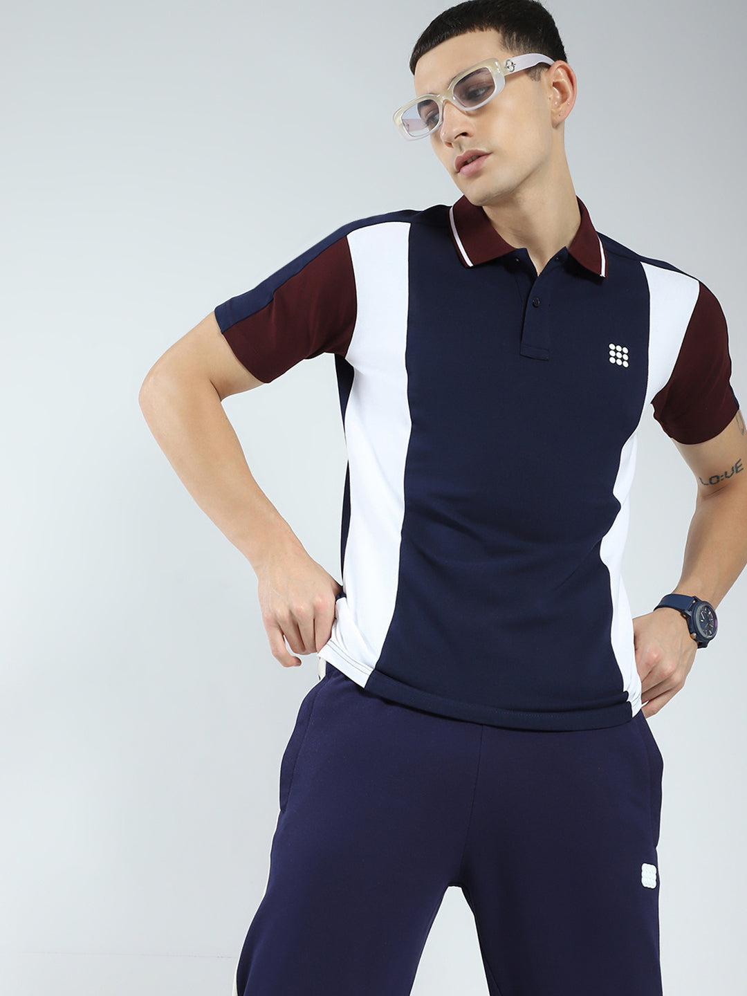 Rock.it Men Navy Blue Stripe Collar Half Sleeve T-Shirt