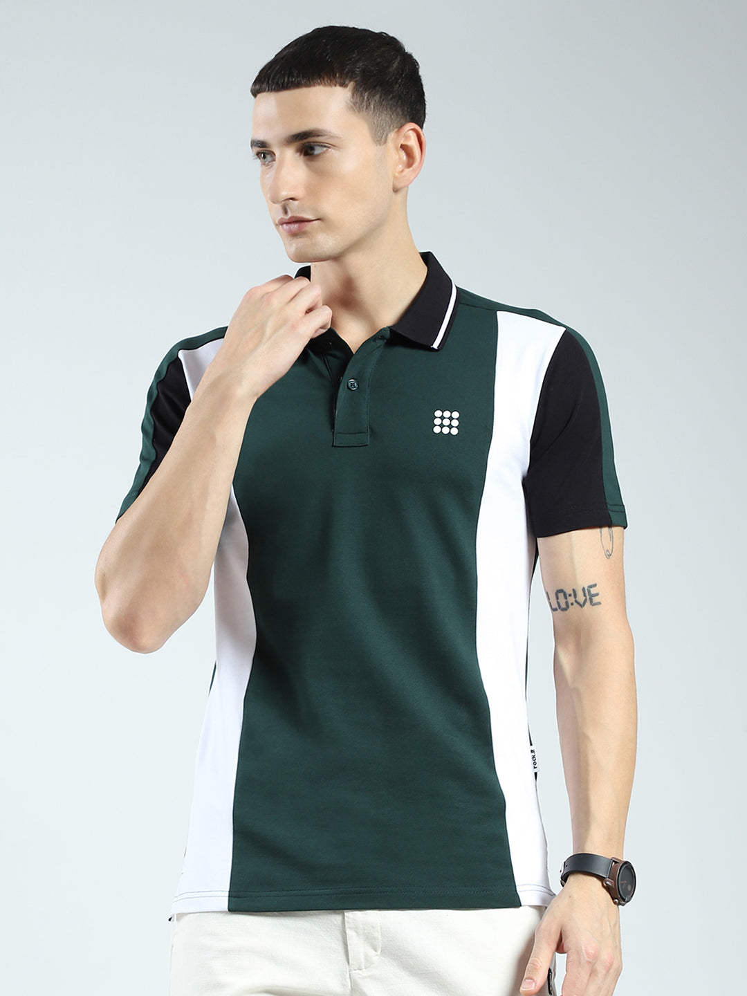 Rock.it Men Green Stripe Collar Half Sleeve T-Shirt