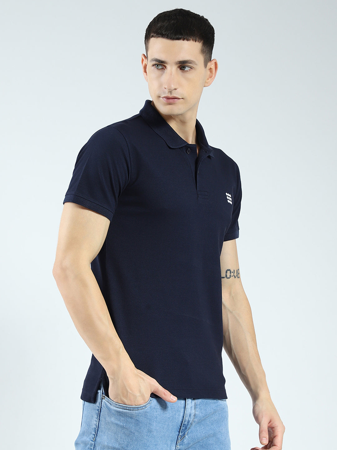 Rock.it Men Navy Blue Solid Collar Half Sleeve T-Shirt