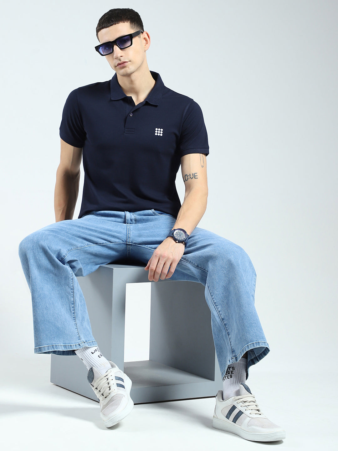 Rock.it Men Navy Blue Solid Collar Half Sleeve T-Shirt