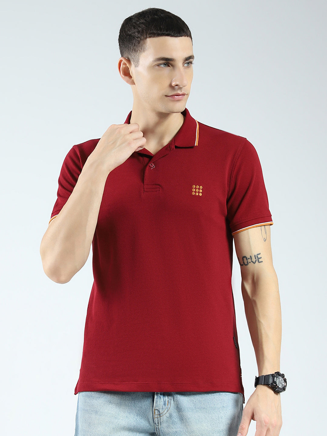 Rock.it Men Maroon Self Design Collar Half Sleeve T-Shirt