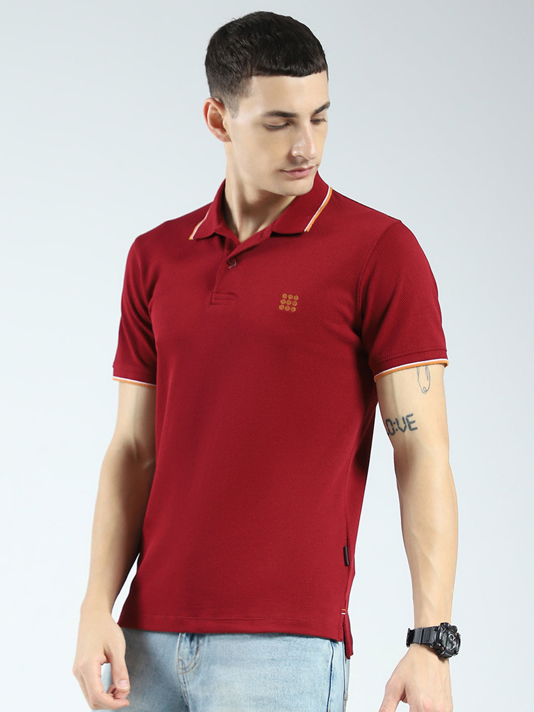 Rock.it Men Maroon Self Design Collar Half Sleeve T-Shirt
