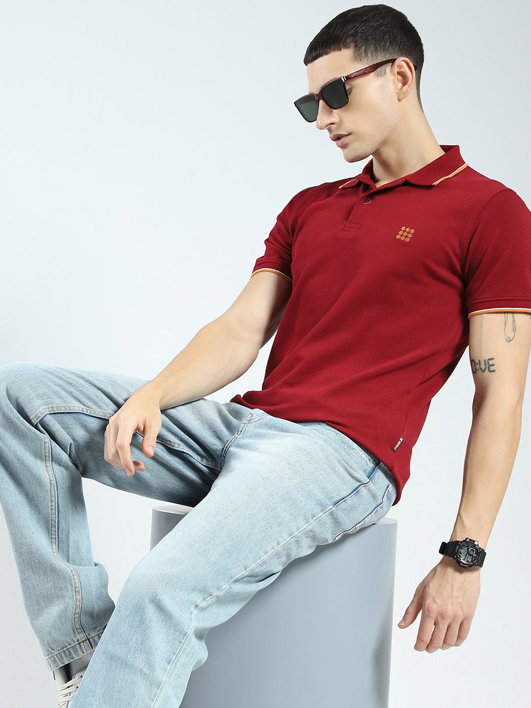 Rock.it Men Maroon Self Design Collar Half Sleeve T-Shirt