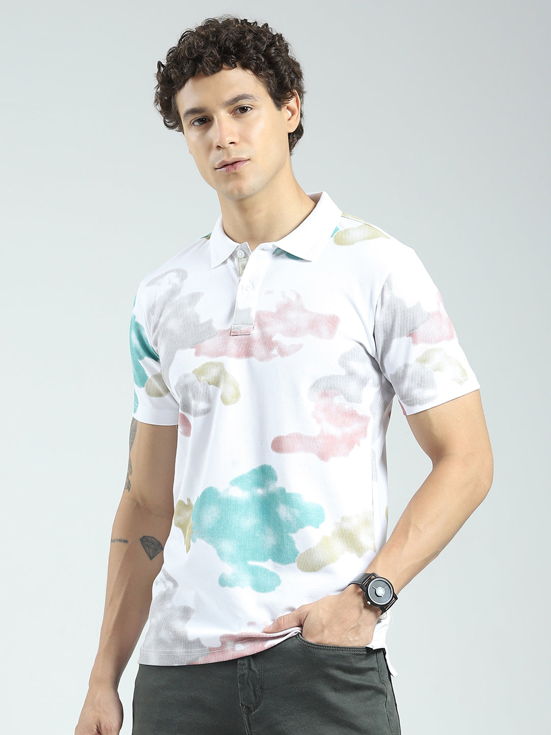 Rock.it Men White Printed Collar Half Sleeve T-Shirt
