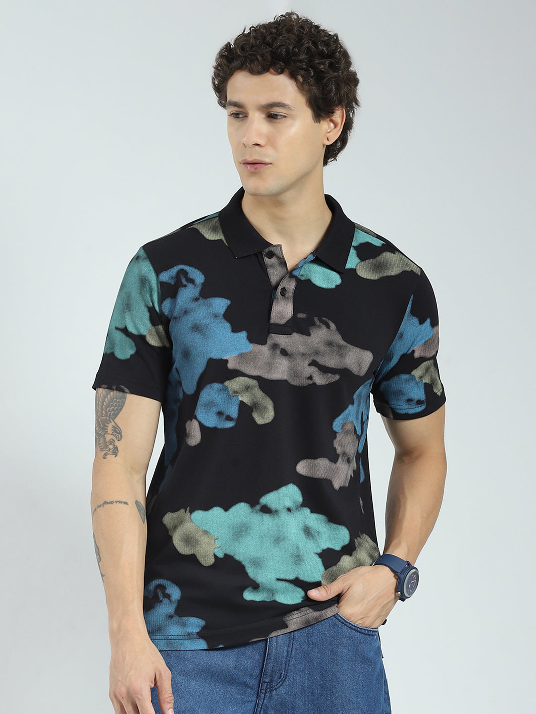 Rock.it Men Black Printed Collar Half Sleeve T-Shirt