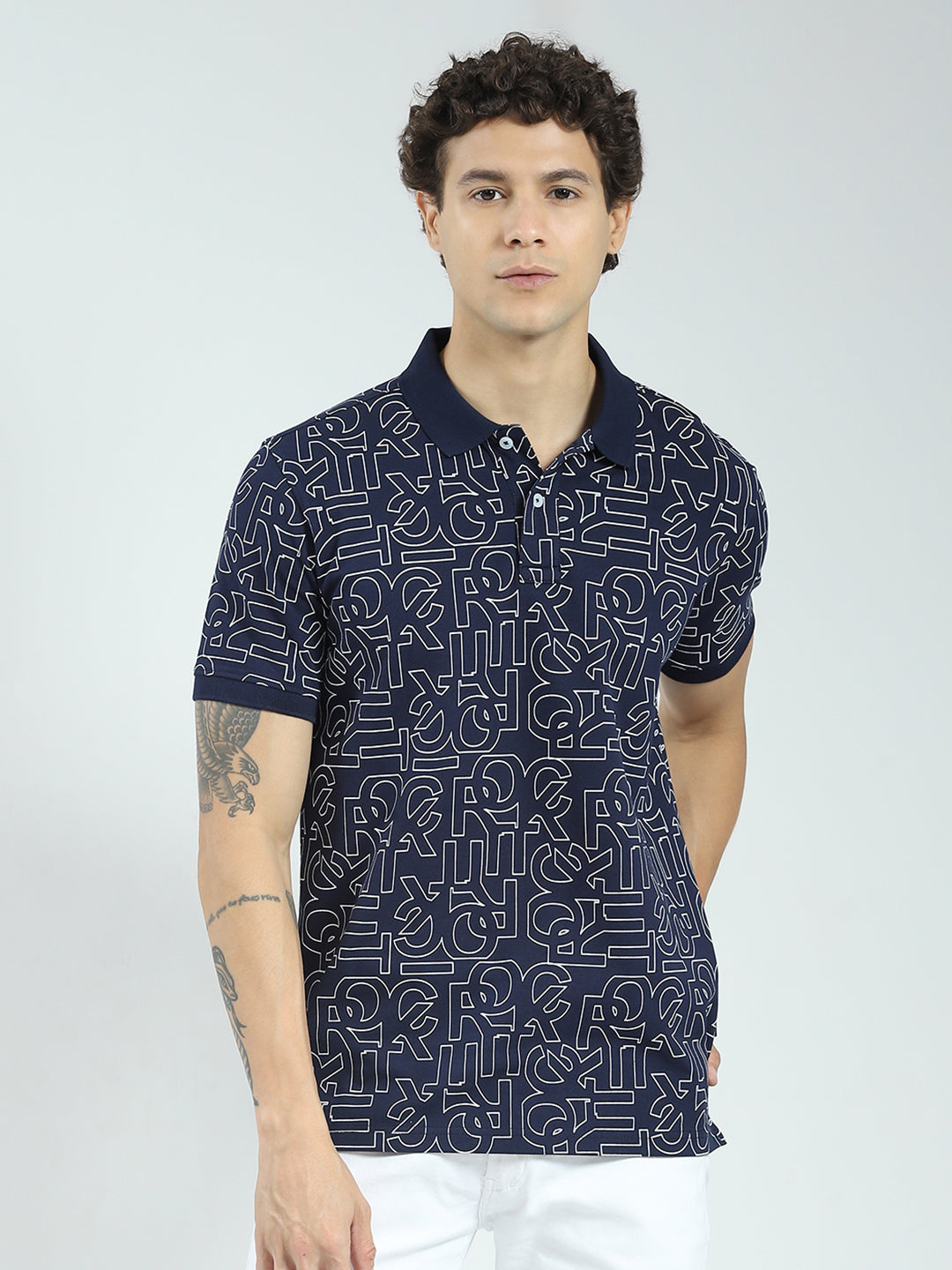 Rock.it Men Navy Blue Printed Collar Half Sleeve T-Shirt