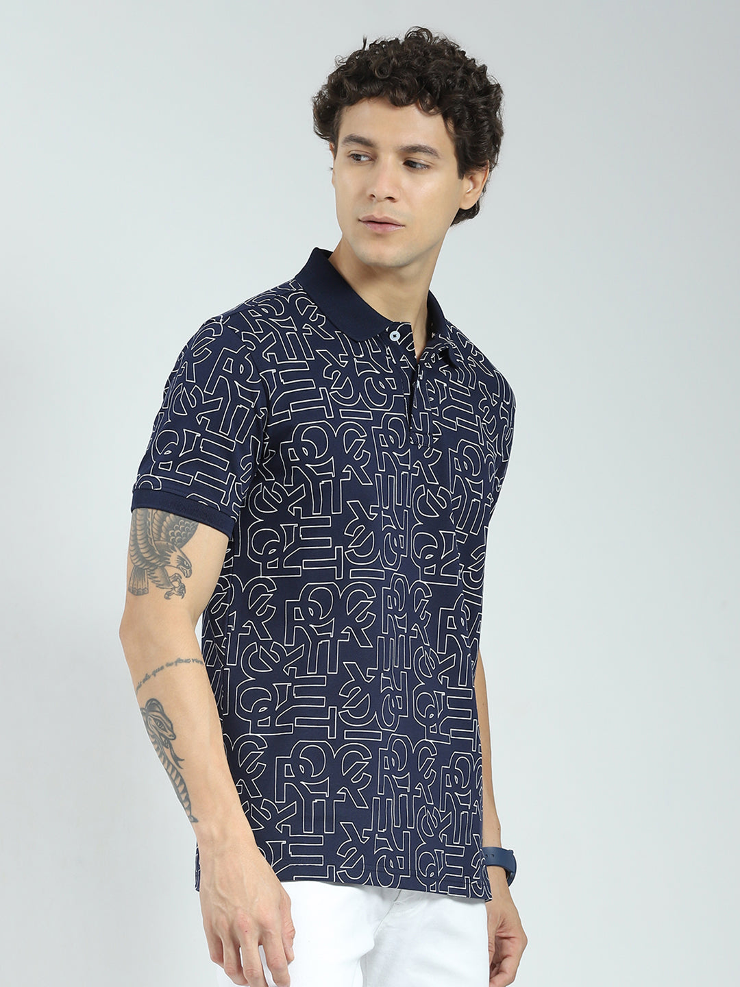 Rock.it Men Navy Blue Printed Collar Half Sleeve T-Shirt