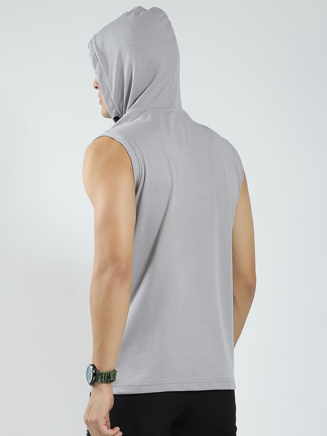 Rock.it Men Grey Solid Hooded Sleeveless T-Shirt