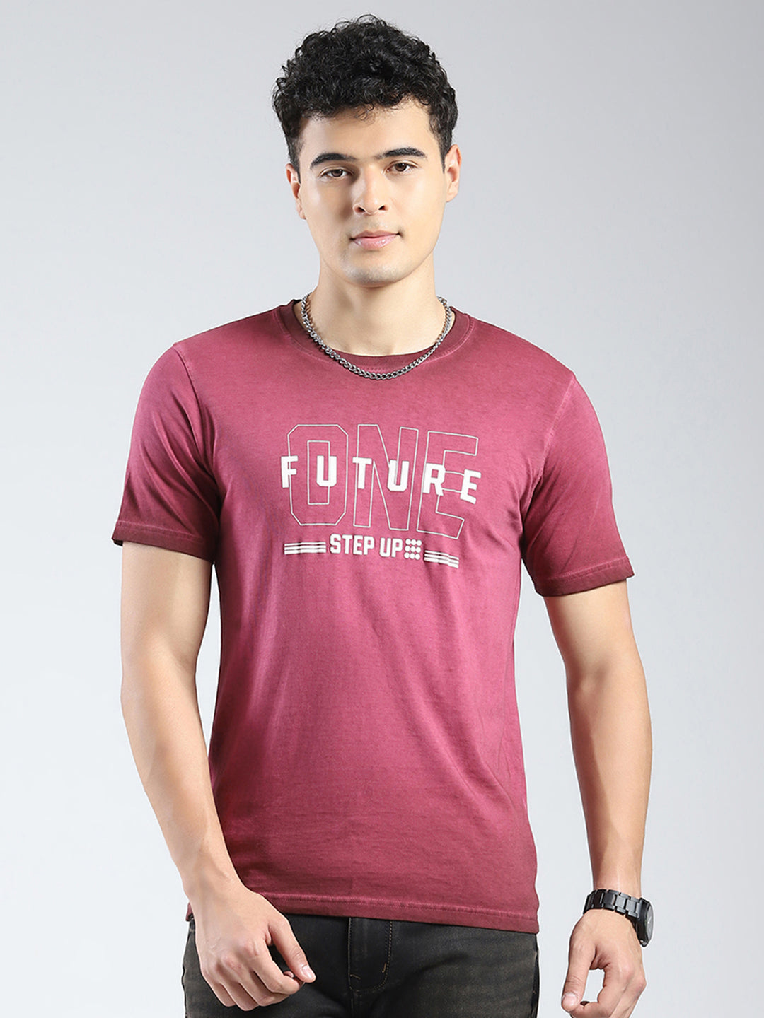 Rock.it Men Burgundy Printed Round Neck Half Sleeve T-Shirt