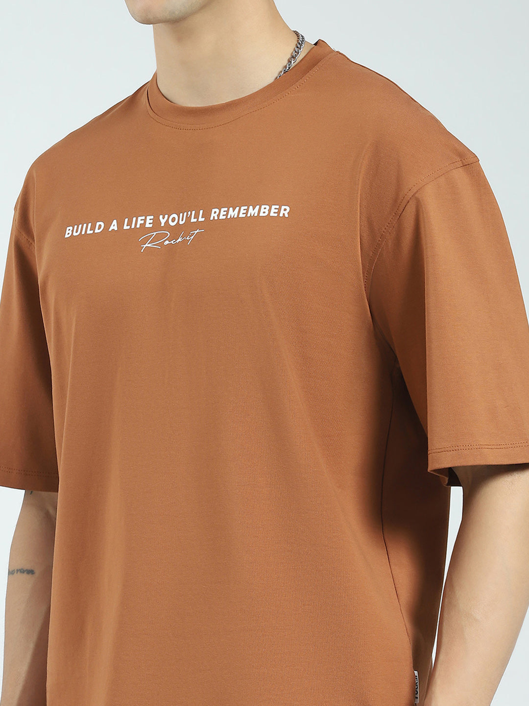 Rock.it Men Camel Brown Printed Round Neck Half Sleeve T-Shirt