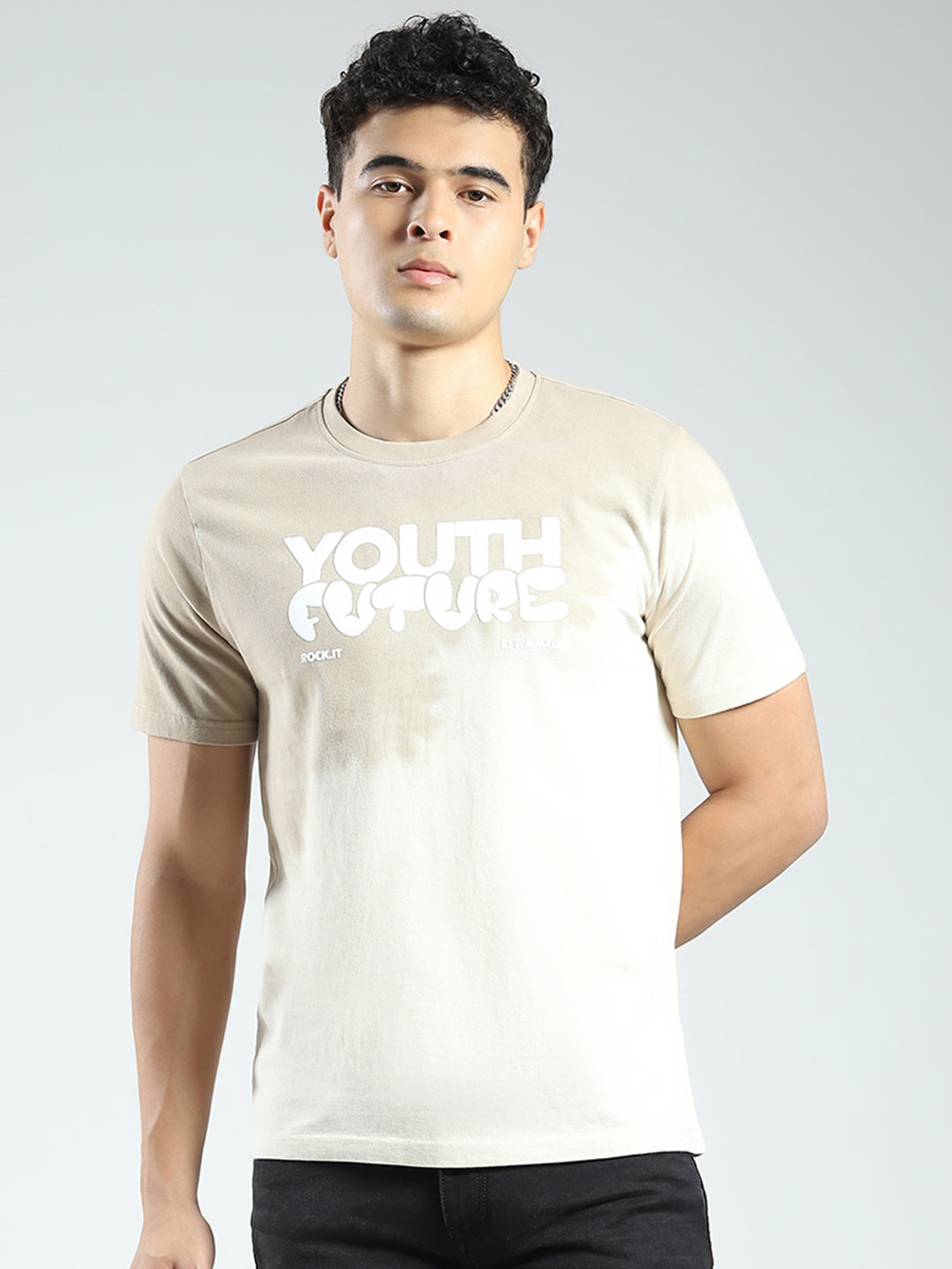 Rock.it Men Beige Printed Round Neck Half Sleeve T-Shirt