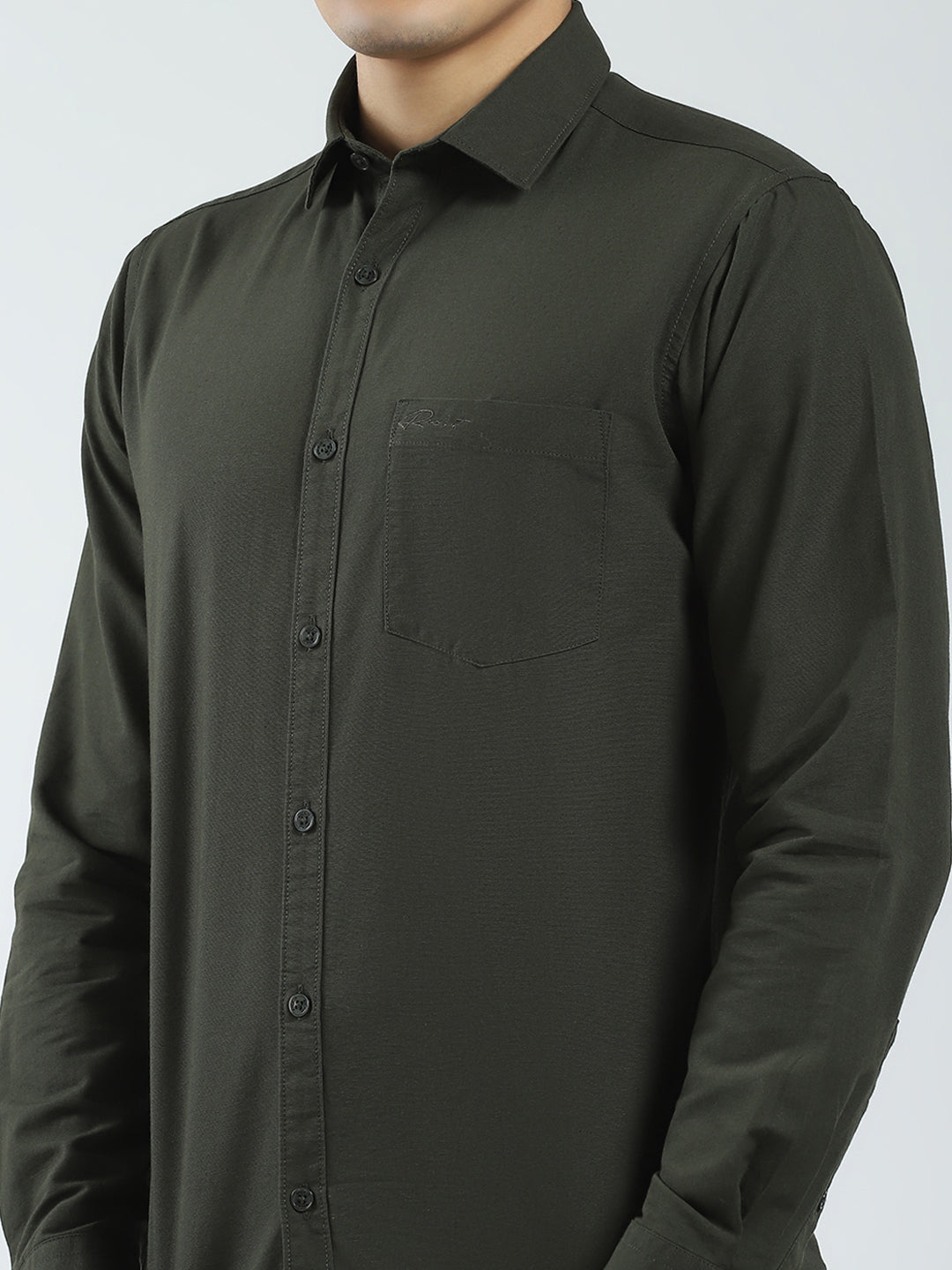 Rock.it Men Olive Solid Collar Full Sleeve Shirt