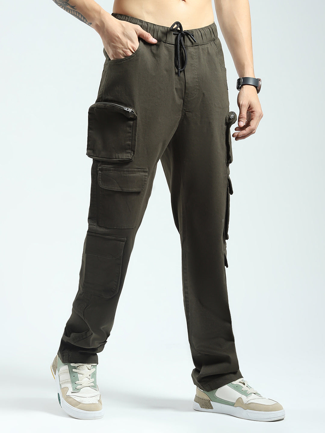 Rock.it Men Olive Solid Straight Fit Cargo