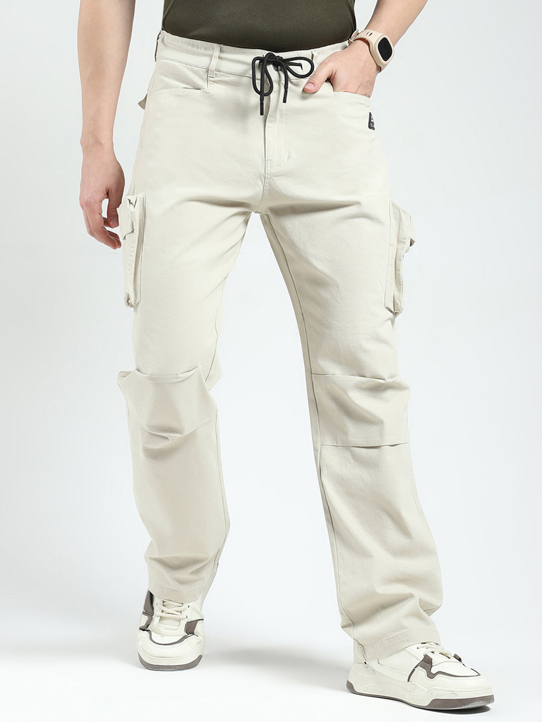 Rock.it Men Beige Solid Straight Fit Cargo