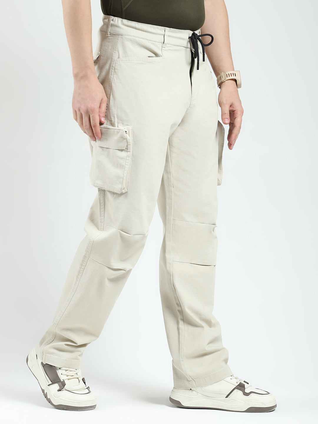 Rock.it Men Beige Solid Straight Fit Cargo