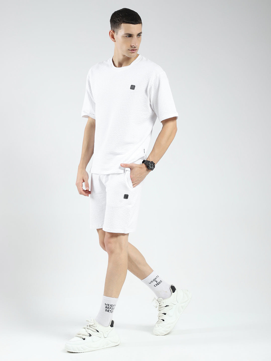 Rock.it Men White Self Design Round Neck Half Sleeve Shorts Set