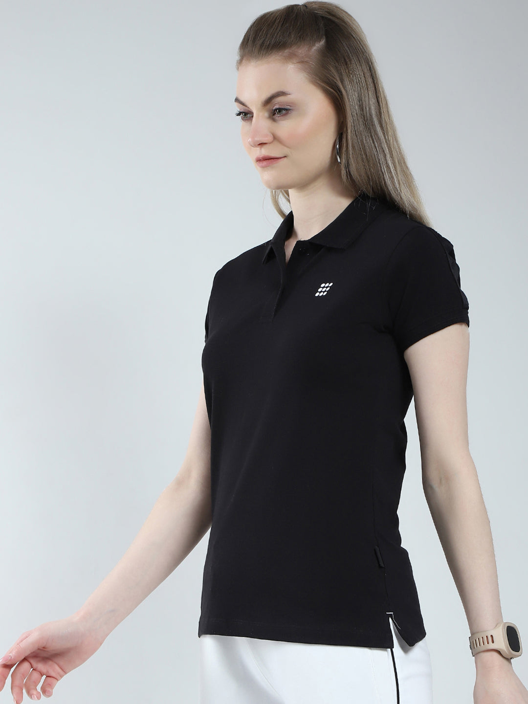 Rock.it Women Black Solid Collar Half Sleeve T-Shirt