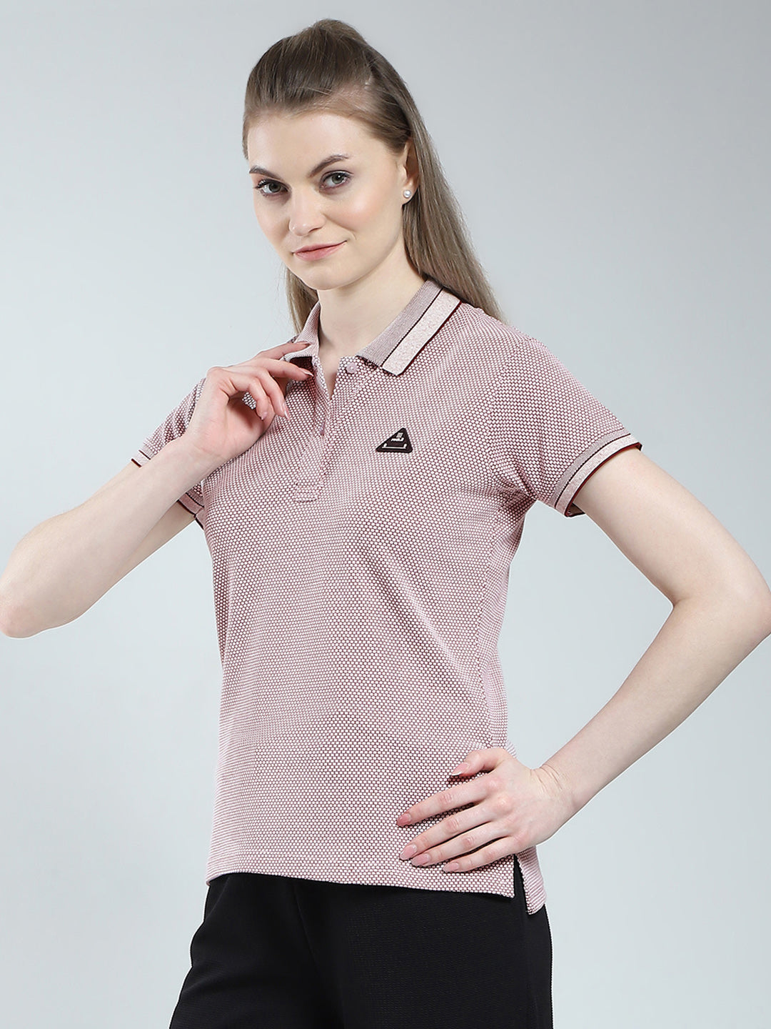 Rock.it Women Pink Self Design Collar Half Sleeve T-Shirt