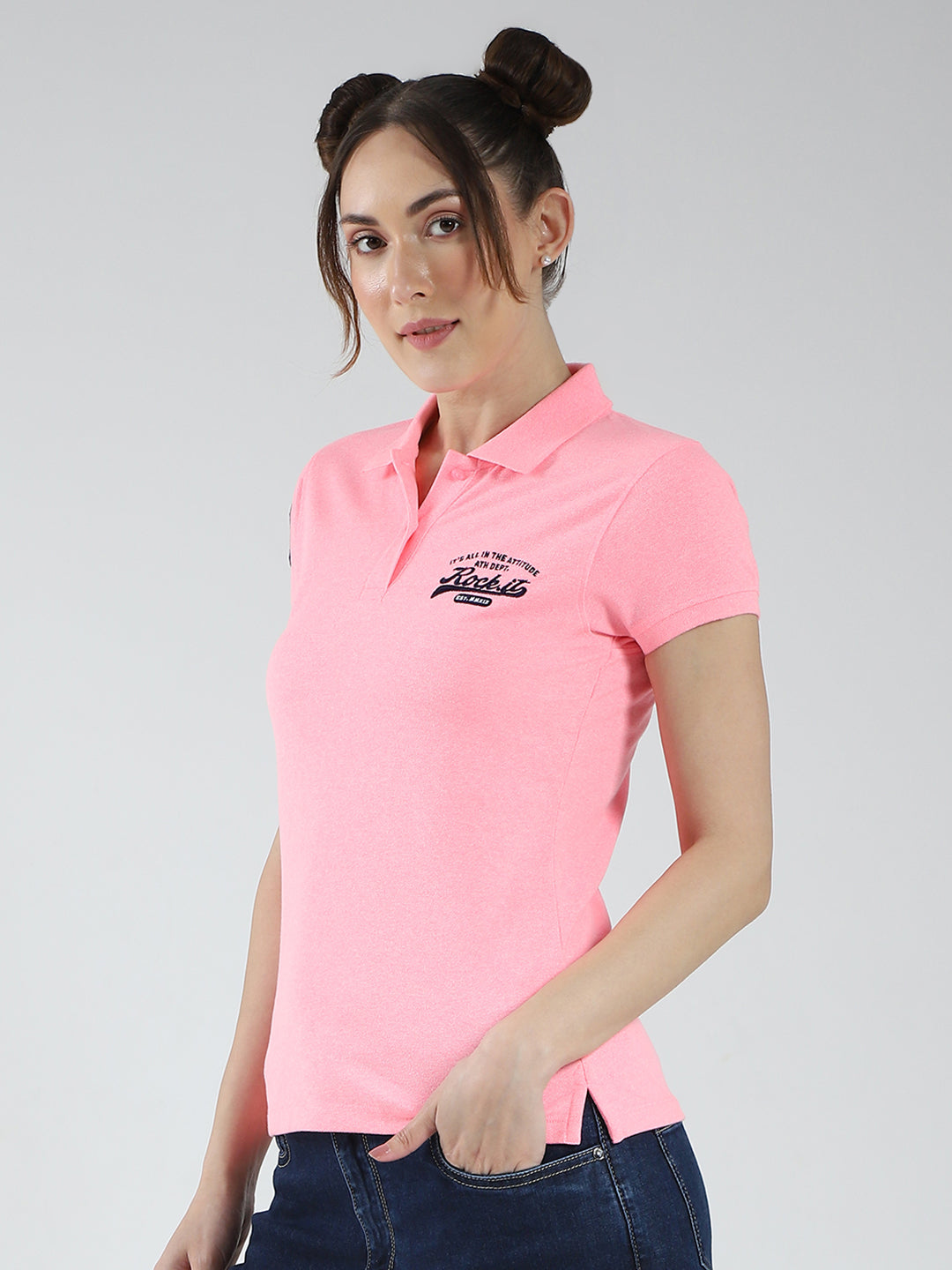 Rock.it Women Pink Solid Collar Half Sleeve T-Shirt