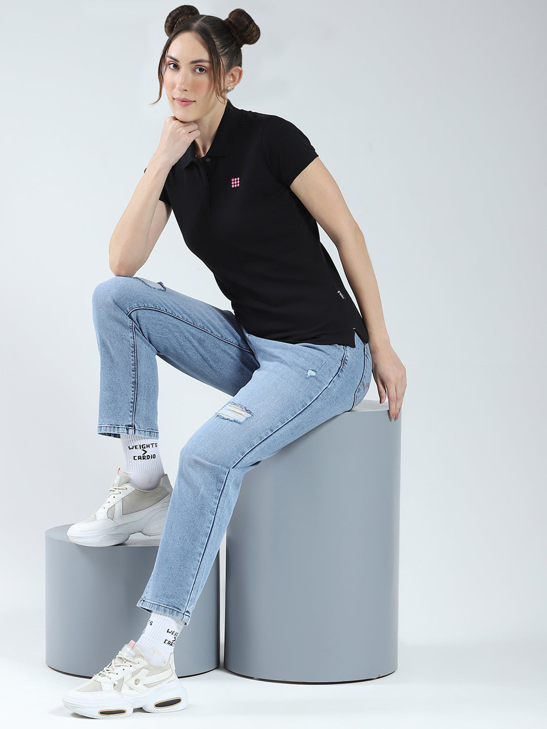 Rock.it Women Black Solid Collar Half Sleeve T-Shirt