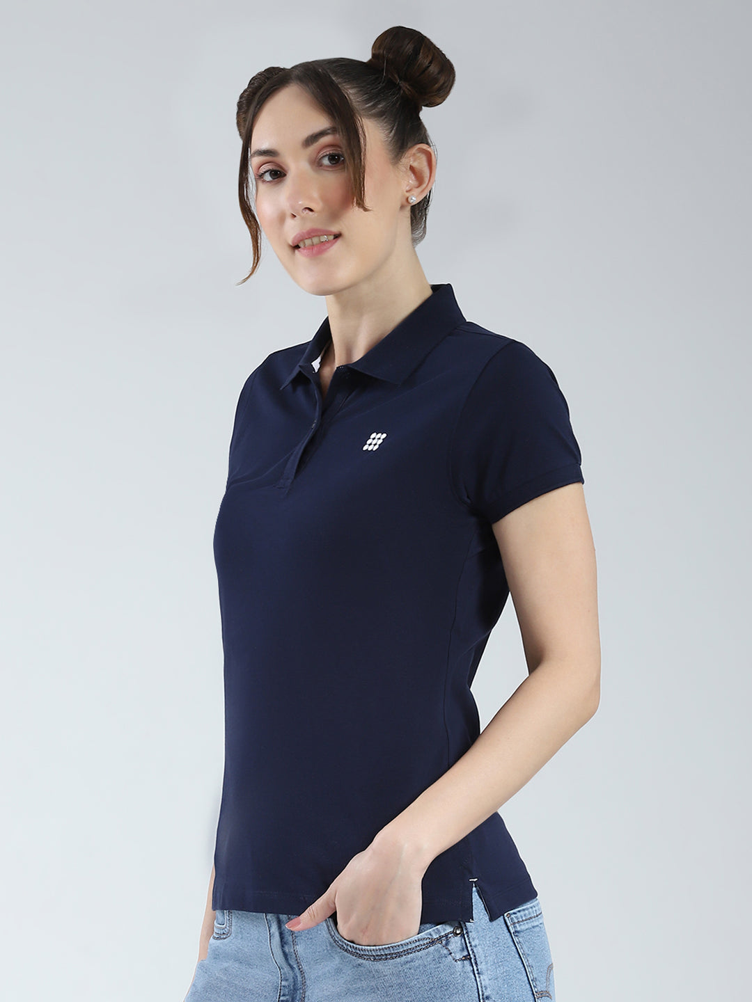 Rock.it Women Navy Blue Solid Collar Half Sleeve T-Shirt