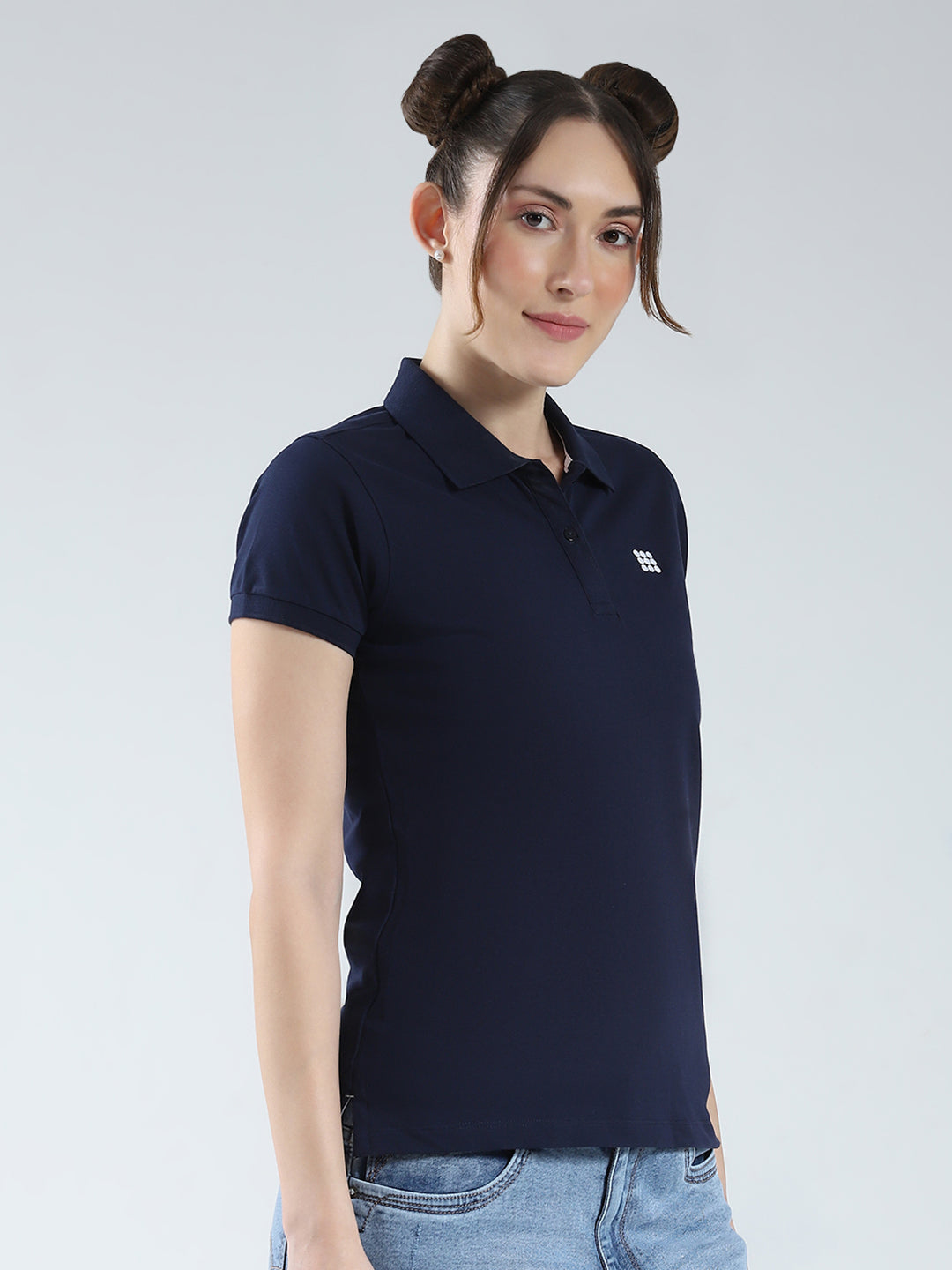 Rock.it Women Navy Blue Solid Collar Half Sleeve T-Shirt