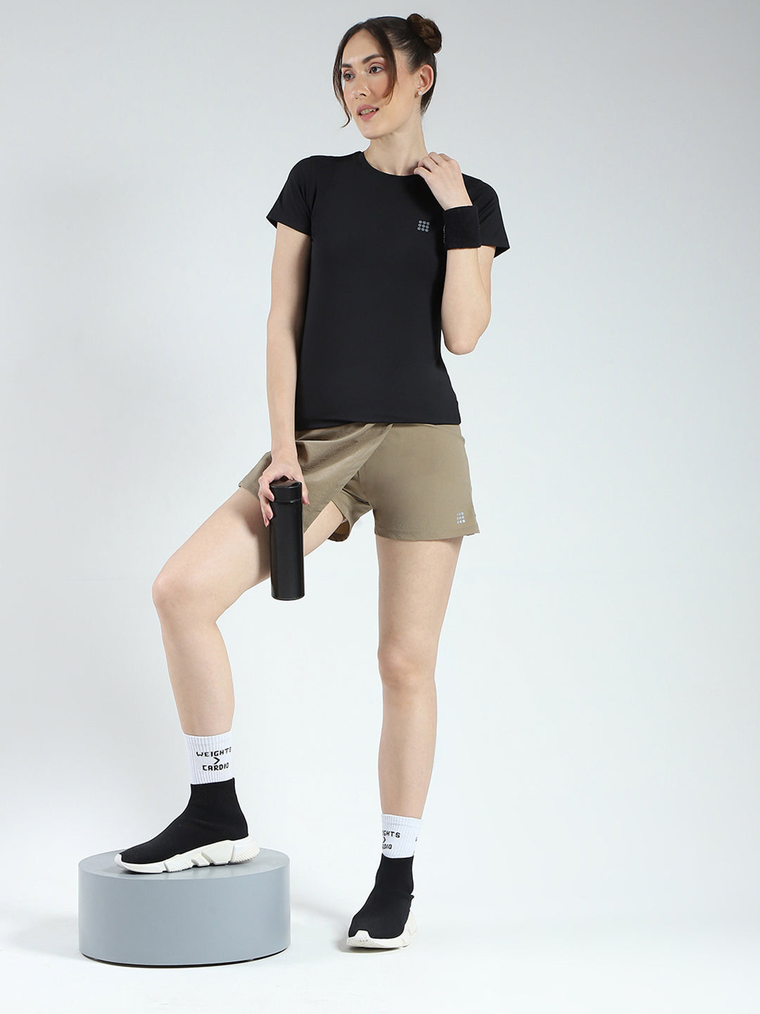 Rock.it Women Black Solid Round Neck Half Sleeve Top