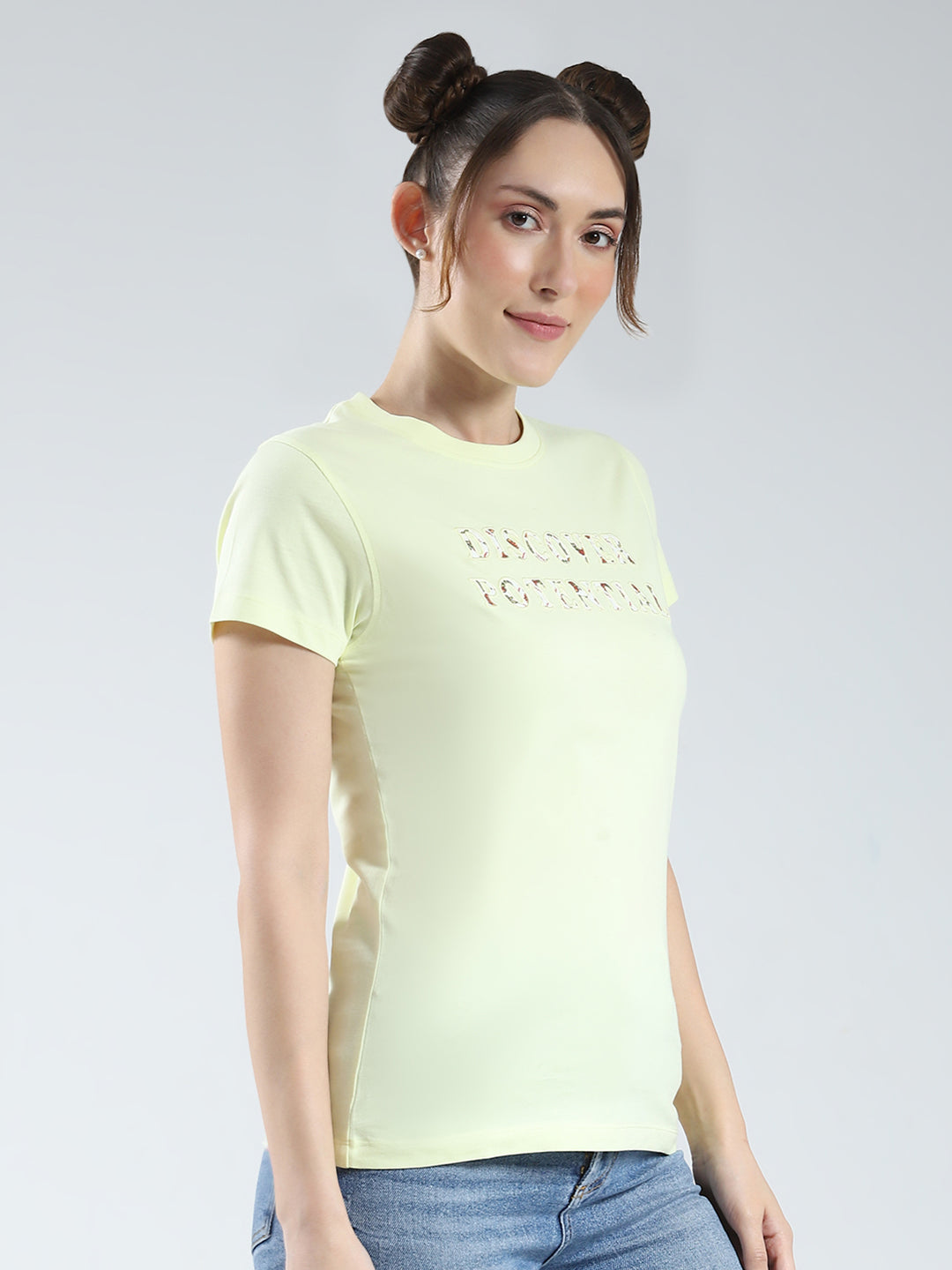 Rock.it Women Yellow Printed Round Neck Half Sleeve Top