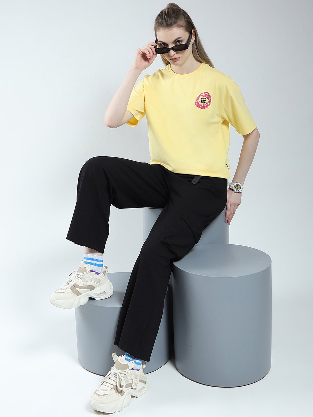 Rock.it Women Yellow Printed Round Neck Half Sleeve Top