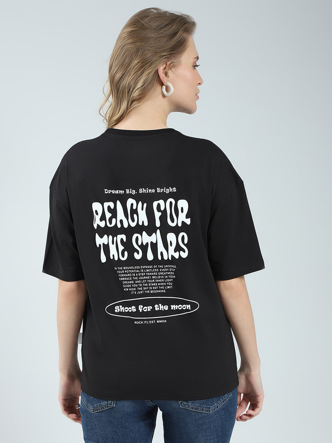 Rock.it Women Black Printed Round Neck Half Sleeve Top