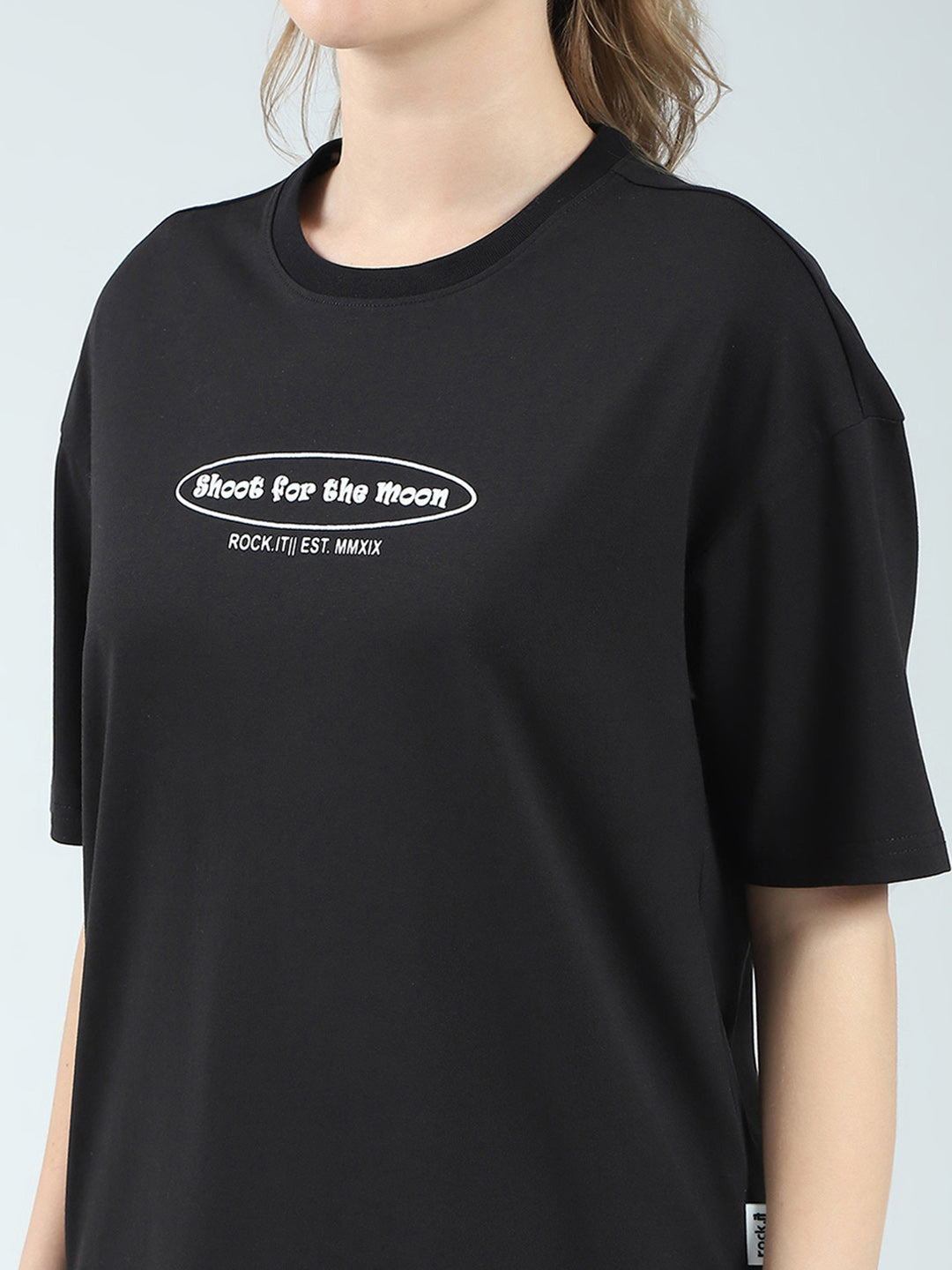 Rock.it Women Black Printed Round Neck Half Sleeve Top