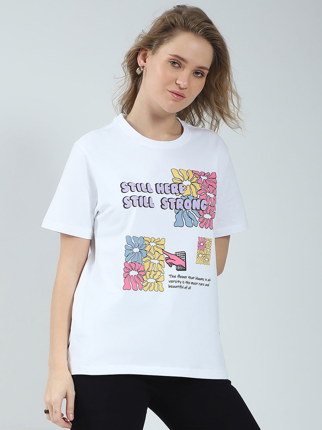 Rock.it Women White Printed Round Neck Half Sleeve Top