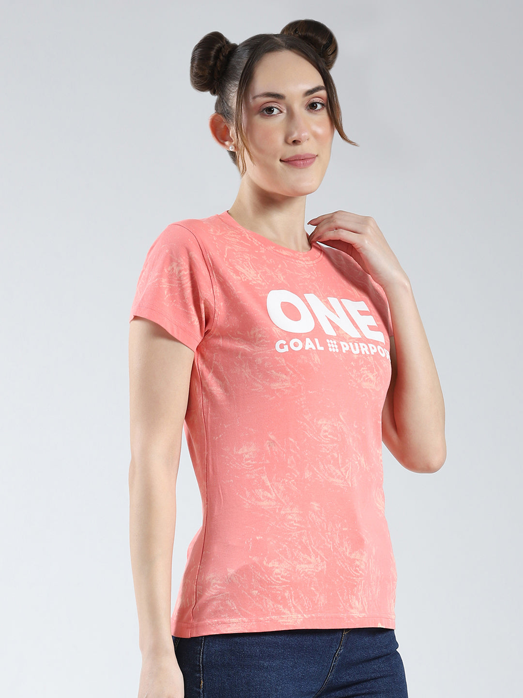 Rock.it Women Coral Printed Round Neck Half Sleeve Top