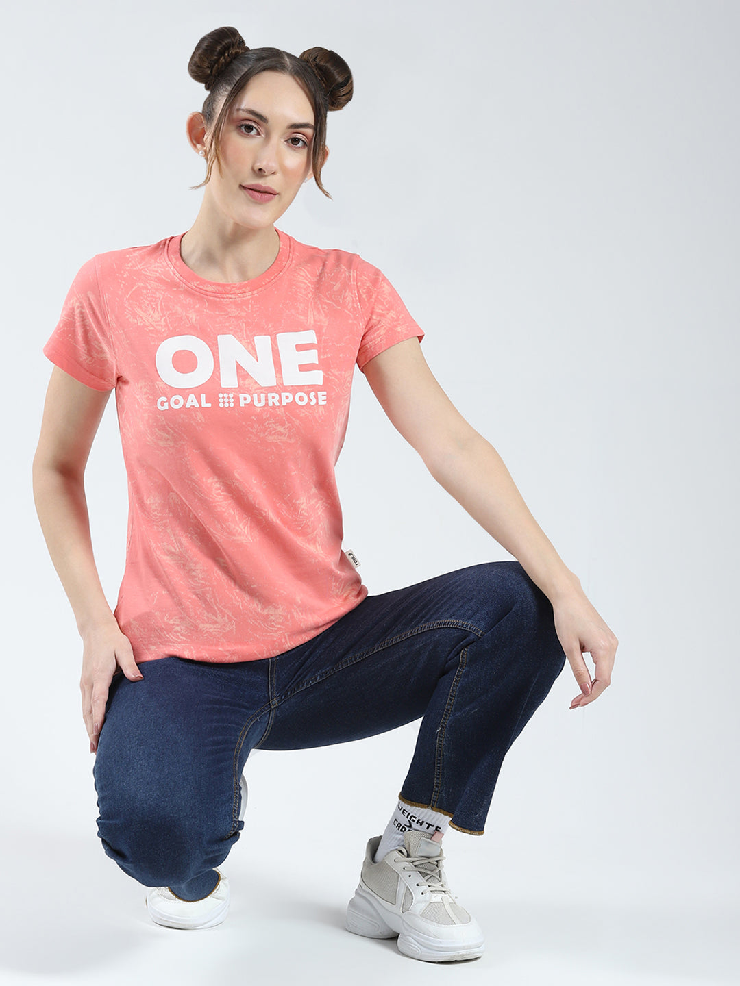 Rock.it Women Coral Printed Round Neck Half Sleeve Top