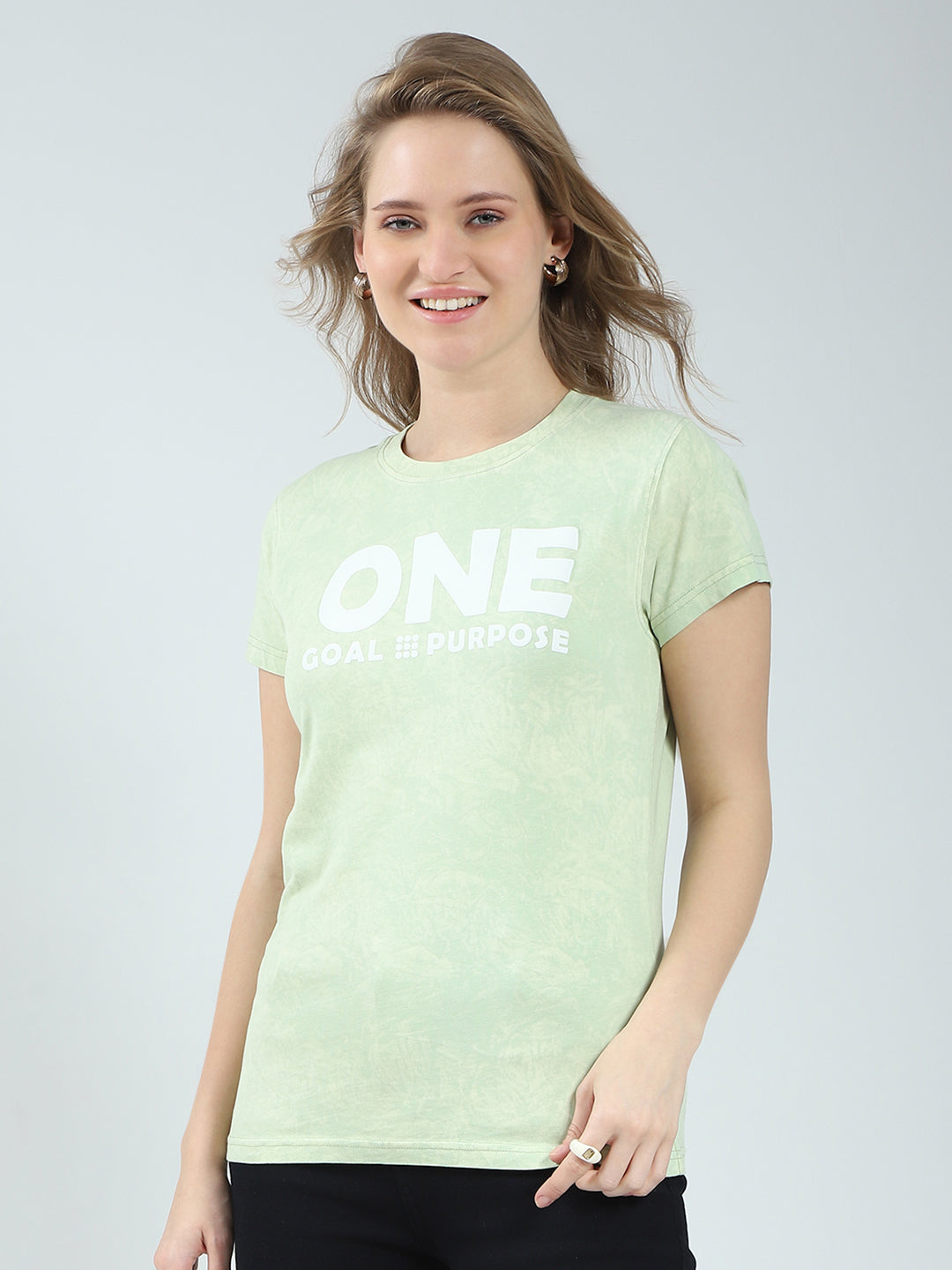 Rock.it Women Green Printed Round Neck Half Sleeve Top