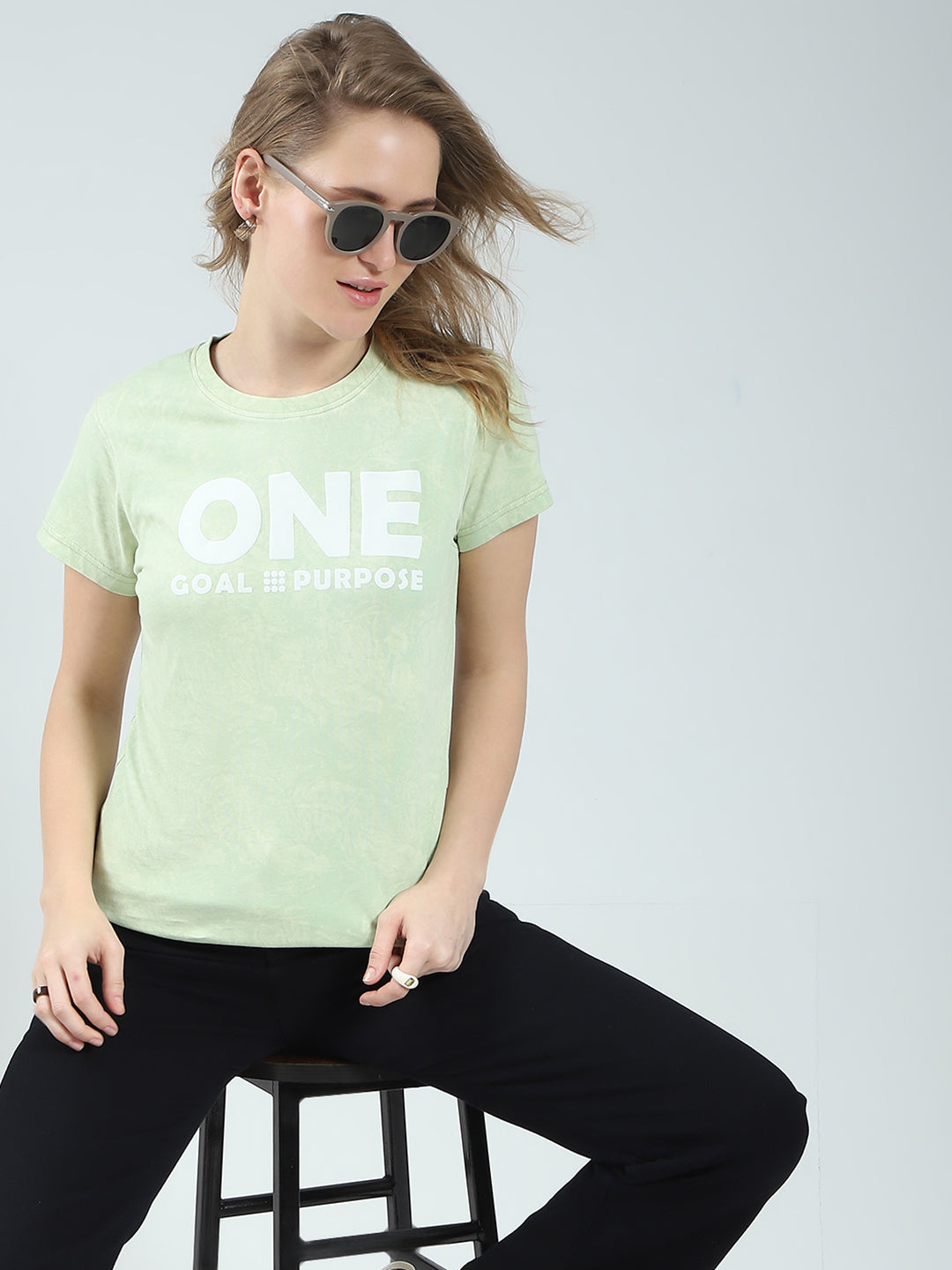 Rock.it Women Green Printed Round Neck Half Sleeve Top