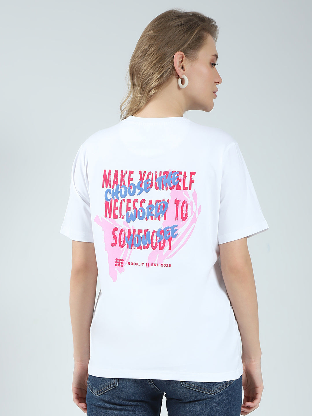 Rock.it Women White Printed Round Neck Half Sleeve Top