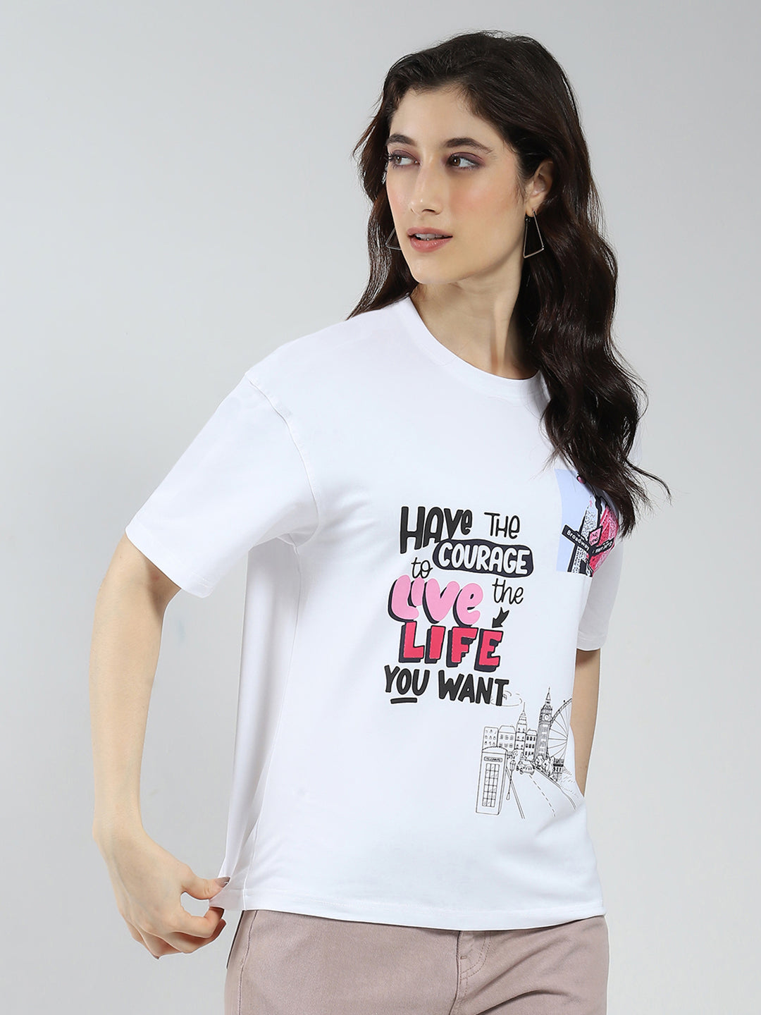 Rock.it Women White Printed Round Neck Half Sleeve Top