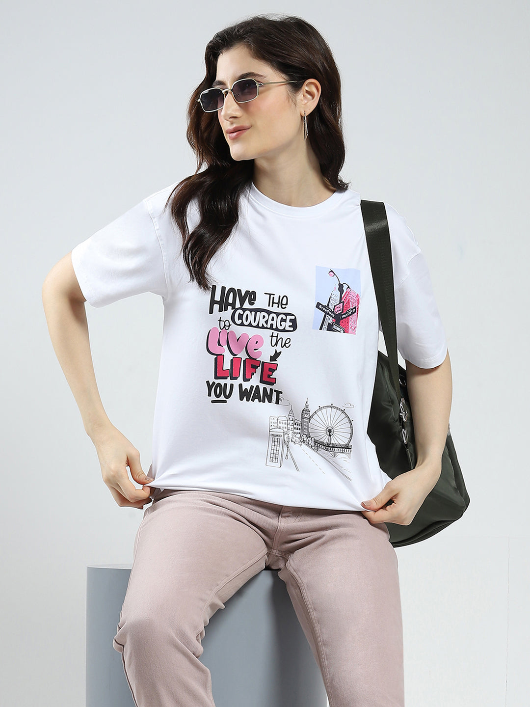 Rock.it Women White Printed Round Neck Half Sleeve Top