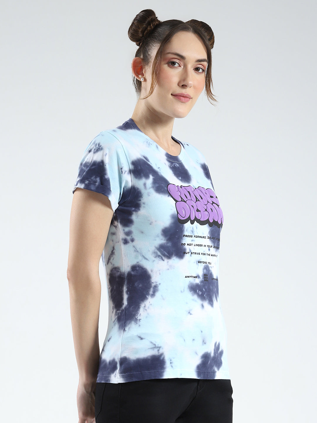 Rock.it Women Blue Printed Round Neck Half Sleeve Top