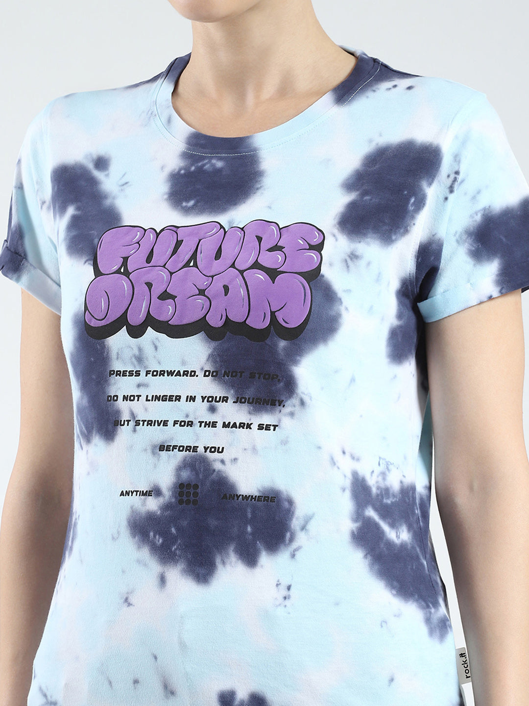 Rock.it Women Blue Printed Round Neck Half Sleeve Top