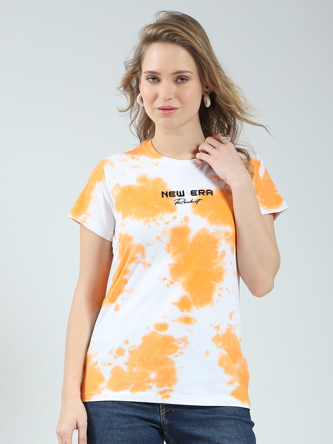 Rock.it Women Orange Printed Round Neck Half Sleeve Top