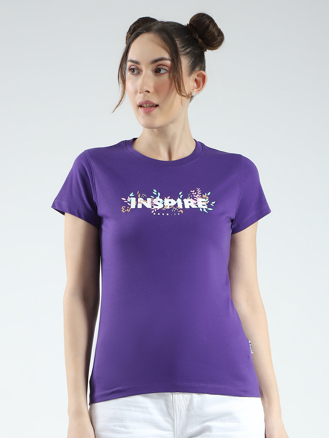 Rock.it Women Purple Printed Round Neck Half Sleeve Top
