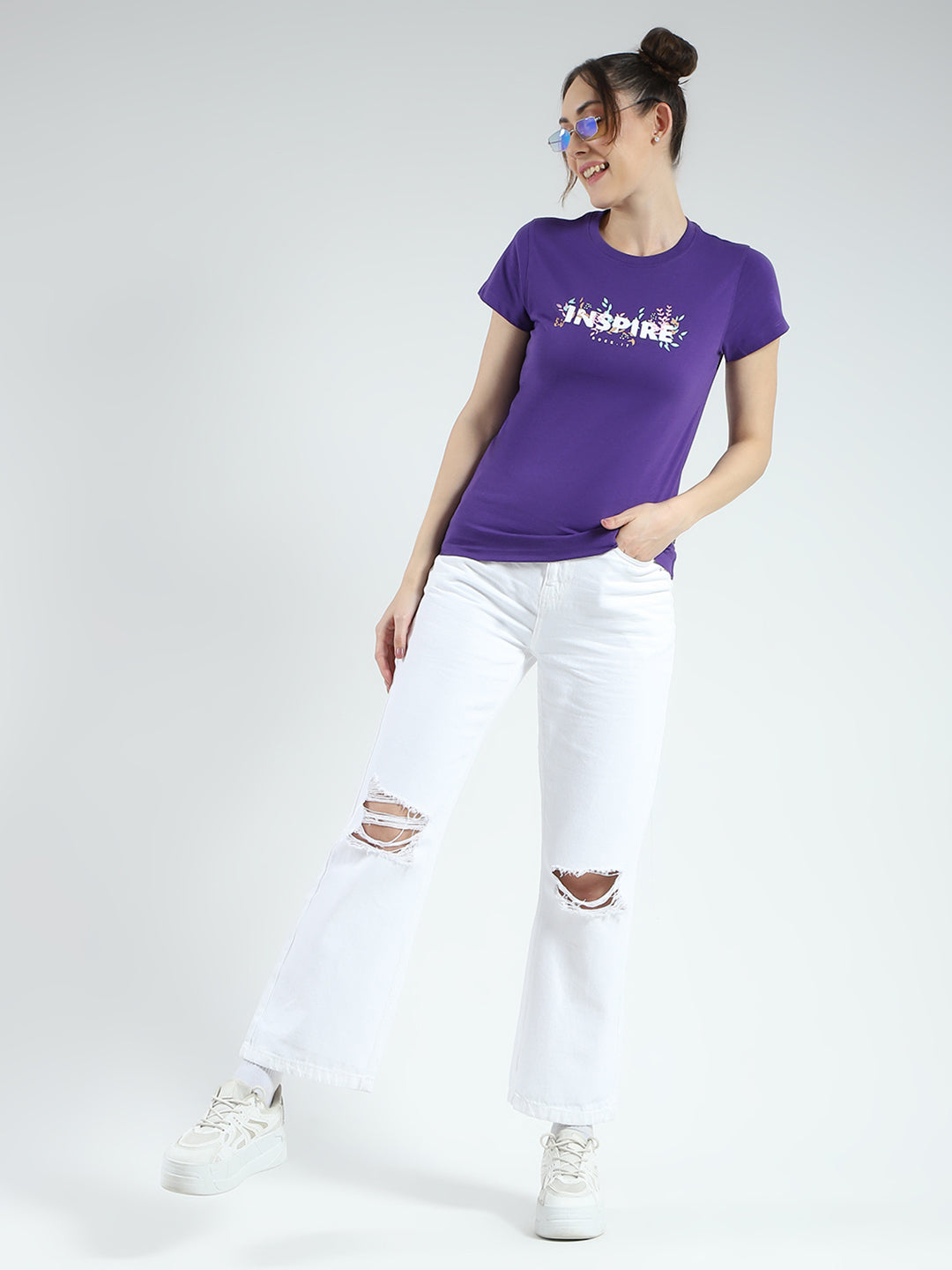 Rock.it Women Purple Printed Round Neck Half Sleeve Top