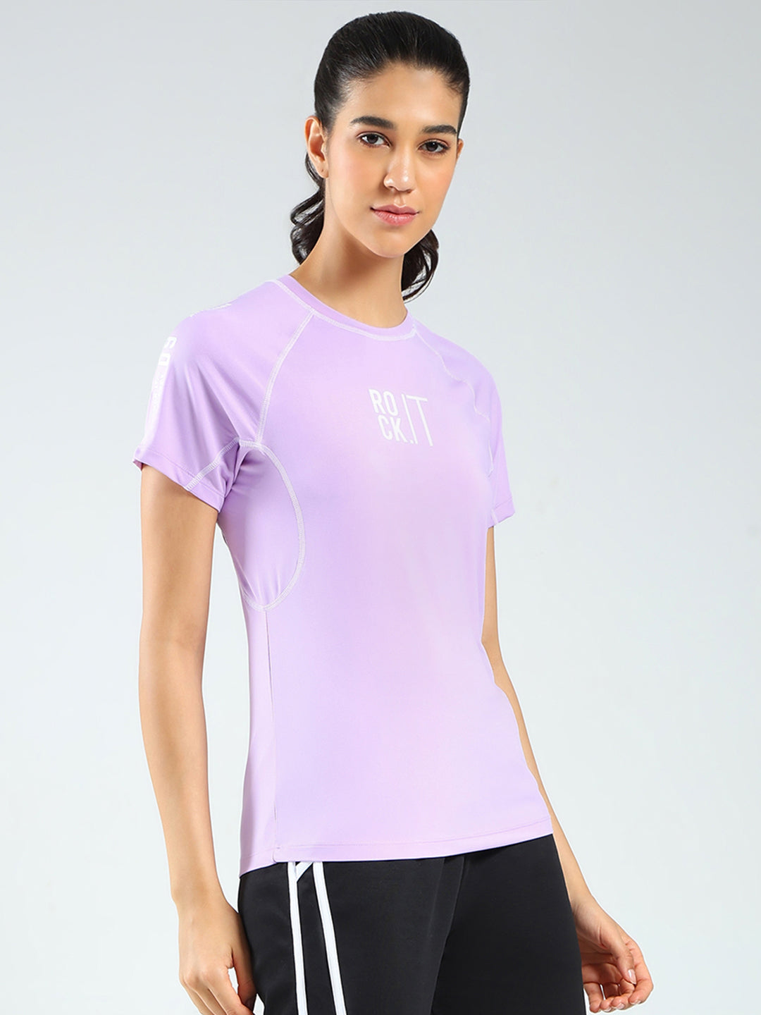 Rock.it Women Purple Printed Round Neck Half Sleeve Top