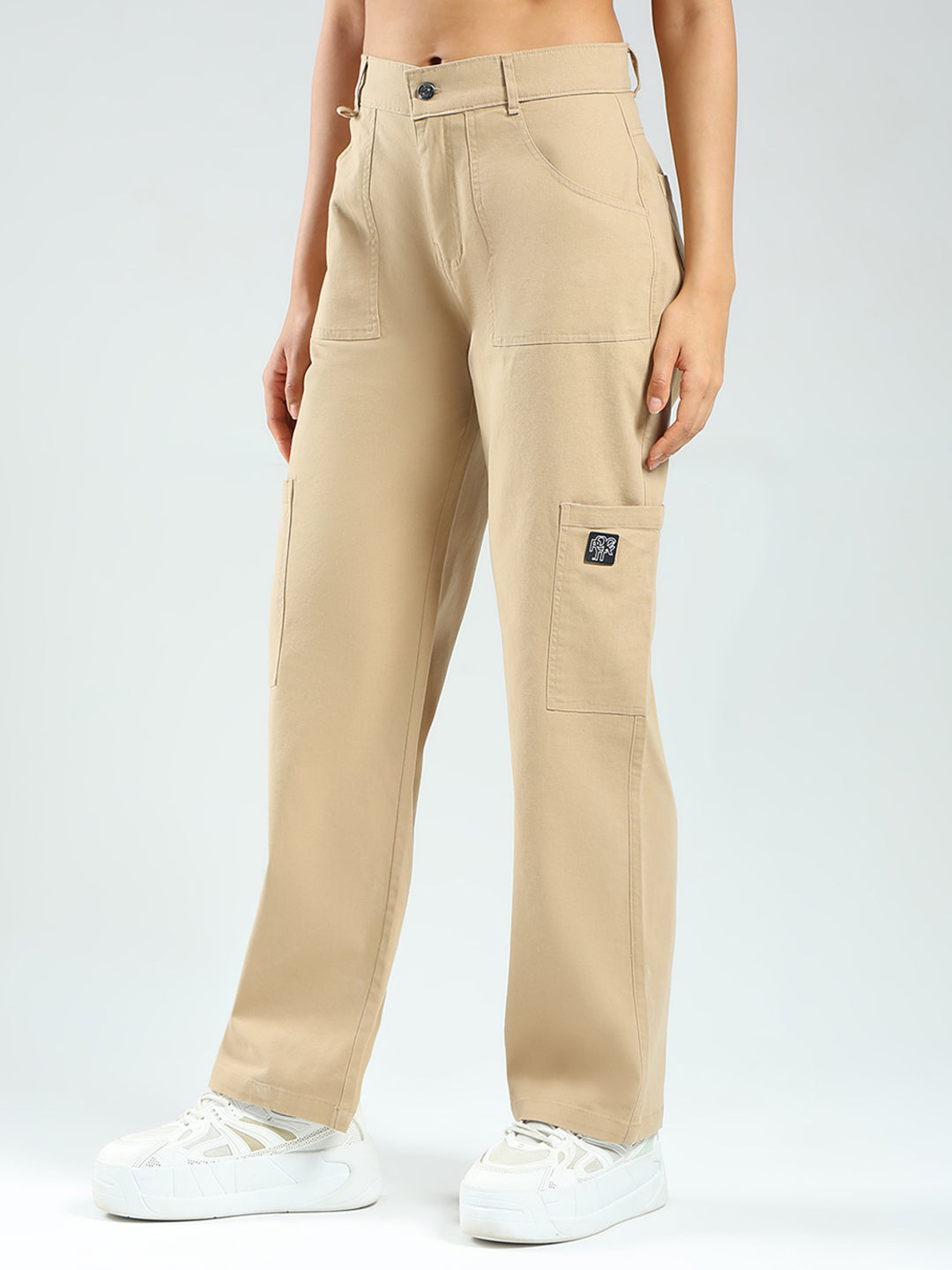 Rock.it Women Beige Solid Straight Fit Cargo
