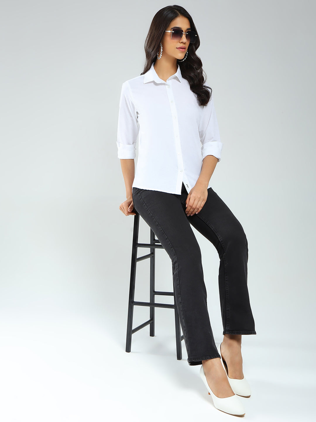 Rock.it Women White Solid Collar Full Sleeve Shirt